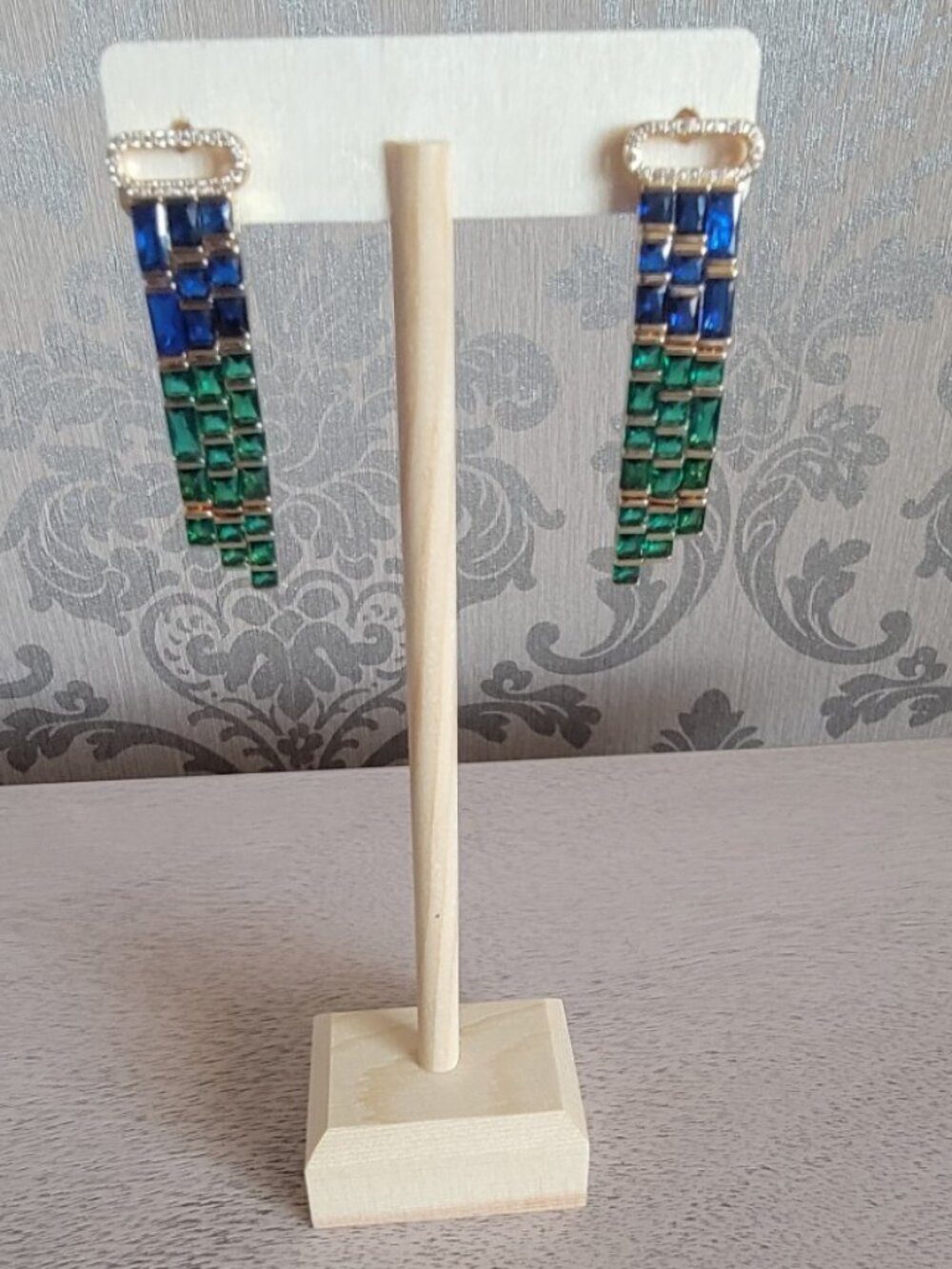Blue and Green Glass, Simulated Diamond Earrings in Gold Tone